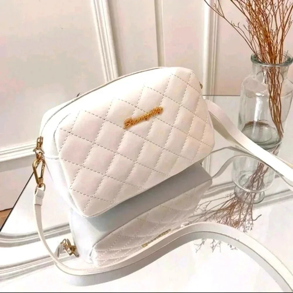 Luxury quilt print gold plated white purse hand bag satchelpurse with strap wome